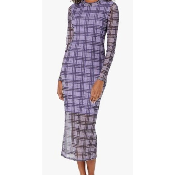Hugo Boss Nasusi Womens Purple Stretch Mesh Plaid Long Sleeve Midi Dress XL - Picture 14 of 14